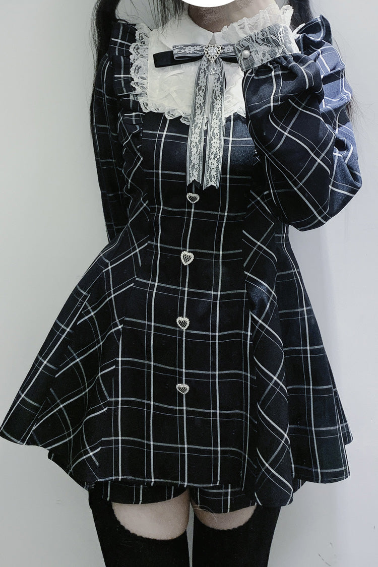 Black/White [Heart-beating Limited] Long Sleeves Plaid Print Print Bowknot Lace Gothic Jirai Kei Dress Set
