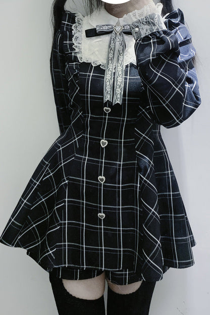 Black/White [Heart-beating Limited] Long Sleeves Plaid Print Print Bowknot Lace Gothic Jirai Kei Dress Set