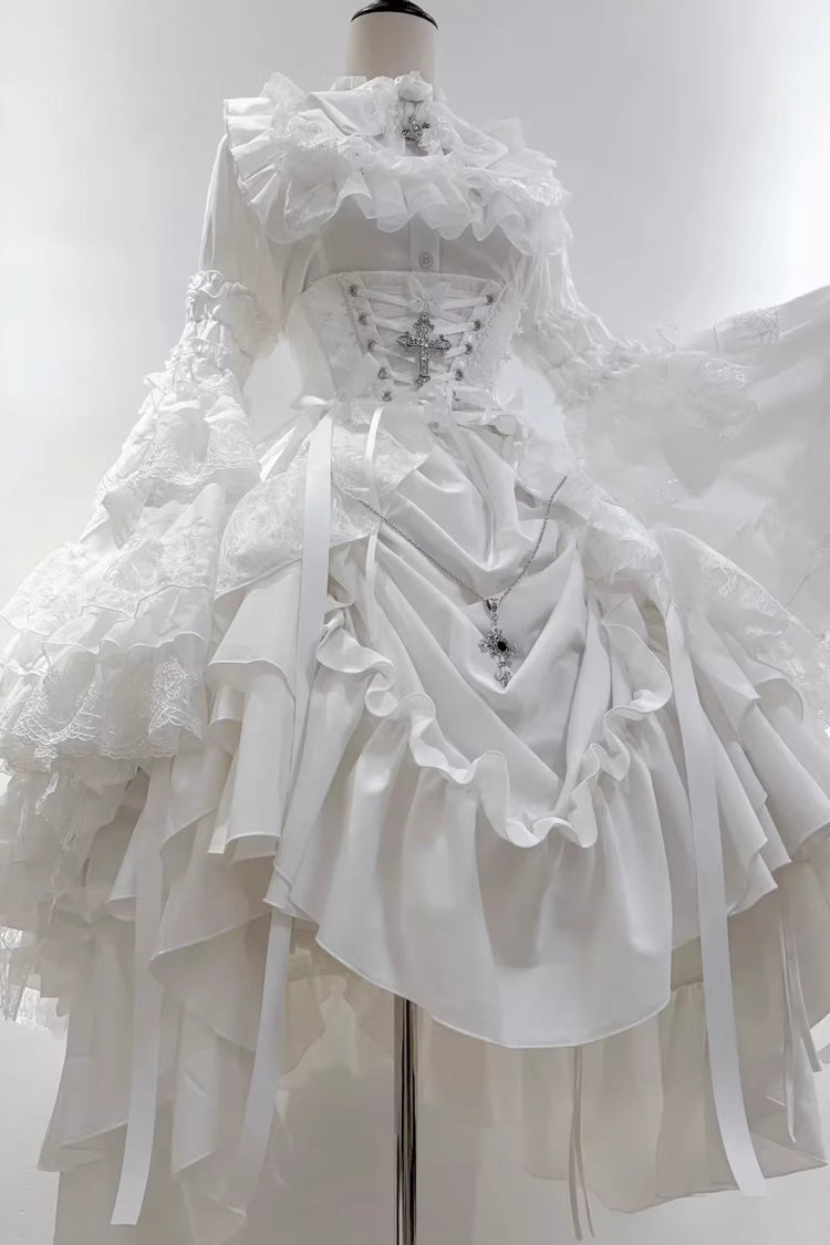 White [Eternal Taboo] Long Hime Sleeves Ruffled Bow Gothic Lolita Skirt Dress Set
