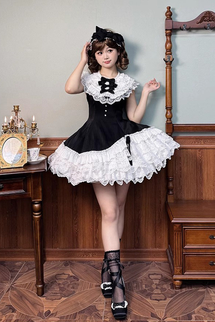 Black/White [Miss Tsundere] Sleeveless Multi-Layered Ruffle Bowknot Lace Asymmetric Sweet Princess Lolita Dress