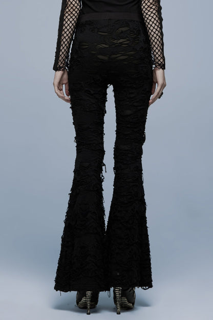 Black Stitching Mesh Ripped Women's Punk Flared Pants