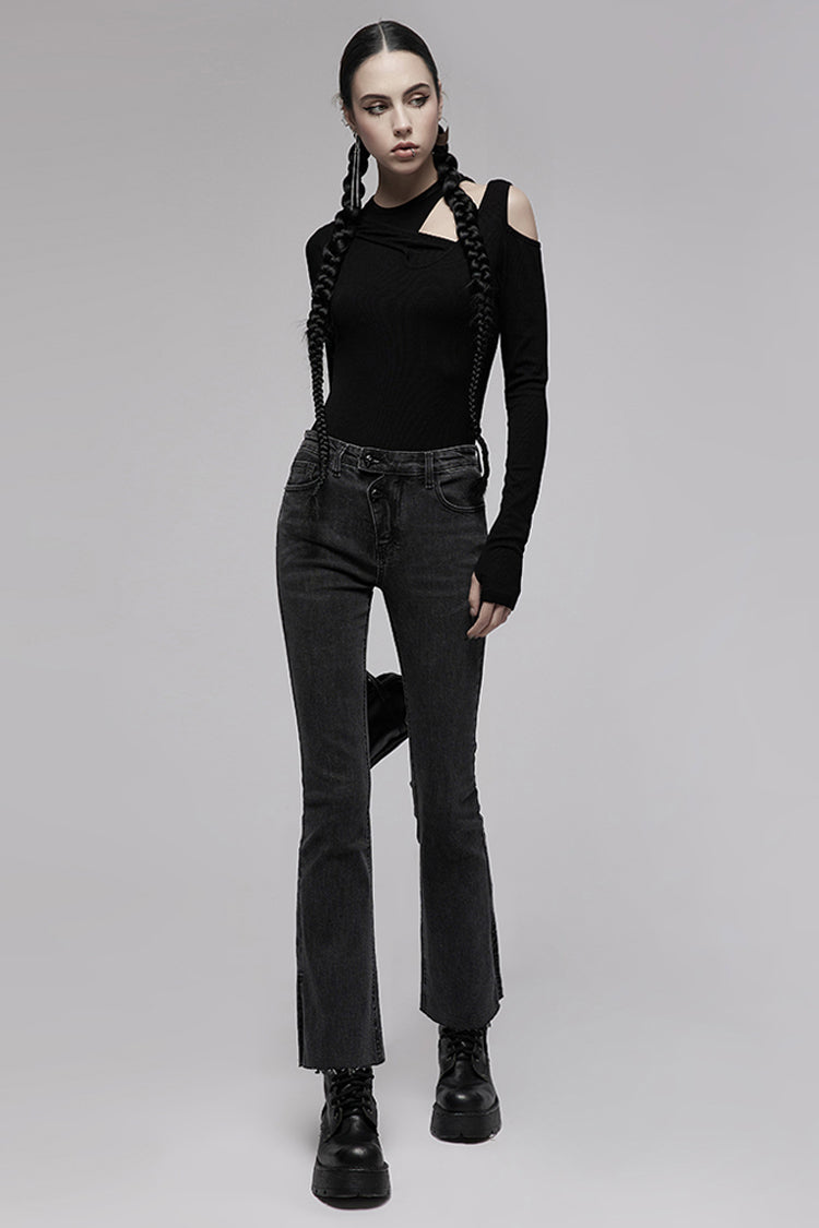 Black Tight Elastic Distressed Denim Asymmetrical Placket Medium Waist Women's Punk Flared Pants