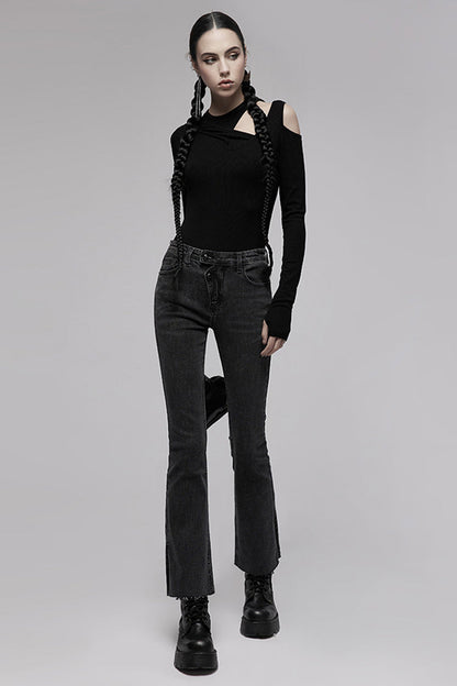 Black Tight Elastic Distressed Denim Asymmetrical Placket Medium Waist Women's Punk Flared Pants