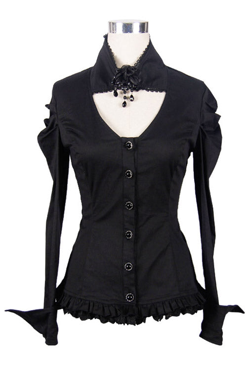Black Vintage High Collar Elastic Slim Womens Gothic Blouse