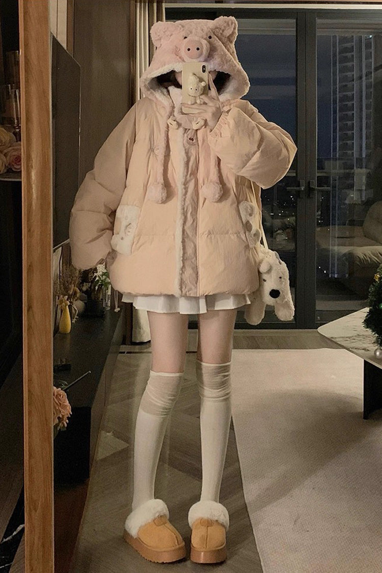 Pink [Cute Pig] Long Sleeves Hooded Sweet Lolita Coat