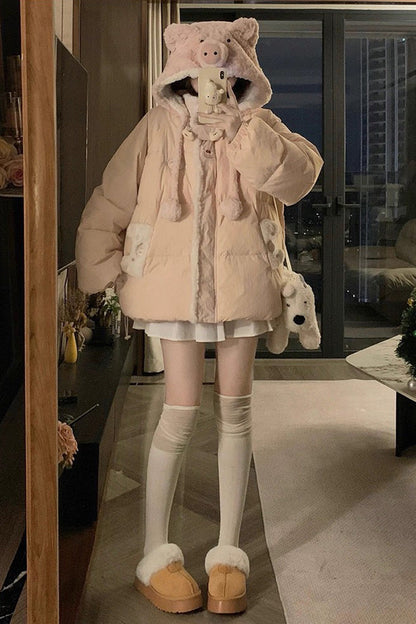 Pink [Cute Pig] Long Sleeves Hooded Sweet Lolita Coat
