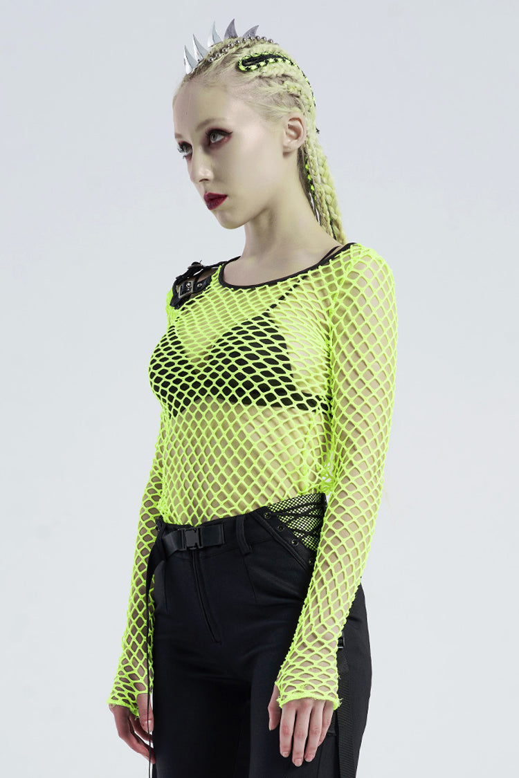Green Long Sleeve Round Collar Shoulder Hollow Out Leather Hasp Coarse Mesh Women's Punk T-Shirt