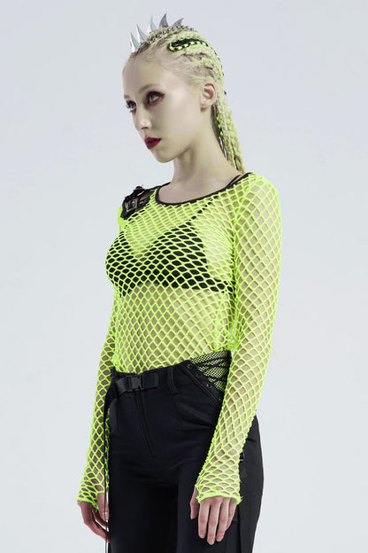 Green Long Sleeve Round Collar Shoulder Hollow Out Leather Hasp Coarse Mesh Women's Punk T-Shirt