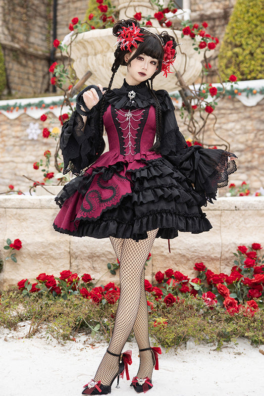 Black/Red Multi-Layered Ruffle Bowknot Lace Asymmetric Gothic Lolita Jsk Dress