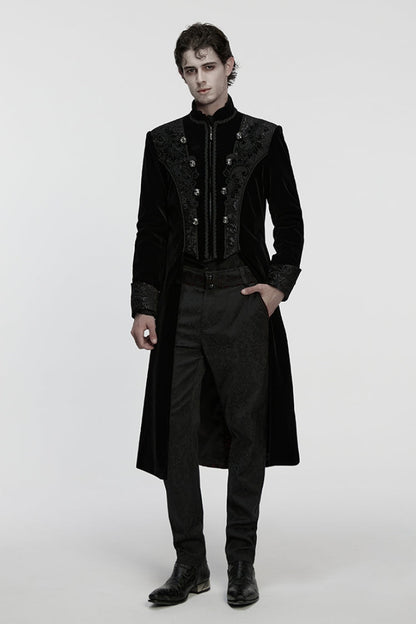 Black Stand Collar Long Sleeves Floral Jacquard Bouble-breasted Zipper Men's Gothic Coat