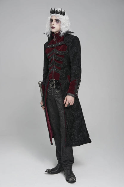 Black/Red Diamante Stand Collar Long Sleeves Printed Zippered Men's Gothic Long Coat