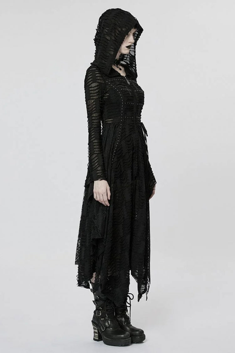 Lace Mesh Irregular Hem Hooded Womens Gothic Coat 2 Colors