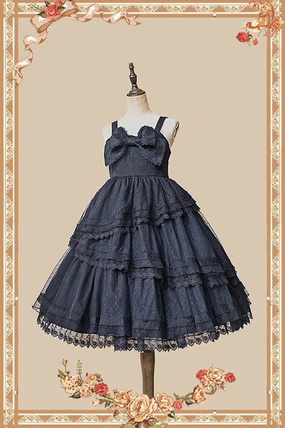Black Solid Color Tower of Dawn Bowknot Sleeveless Ruffle Gothic Lolita Dress