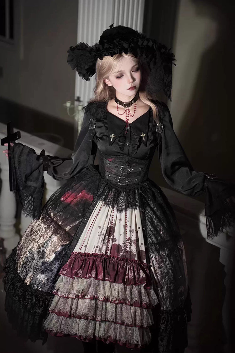 [Heretical Nun] Sleeveless Multi-Layered Printed Ruffled Open-Front Gothic Plus Size Lolita Strap Dress Short Version 2 Colors
