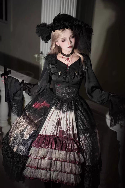 [Heretical Nun] Sleeveless Multi-Layered Printed Ruffled Open-Front Gothic Plus Size Lolita Strap Dress Short Version 2 Colors