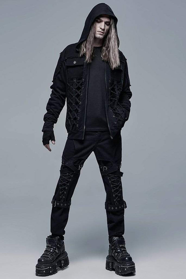 Black Punk Front Lace Up Decoration Long Sleeve Knit Hoodie Men's Coat