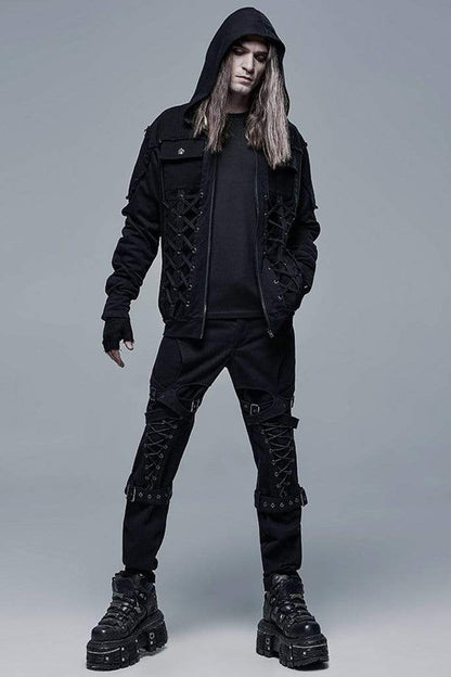 Black Punk Front Lace Up Decoration Long Sleeve Knit Hoodie Men's Coat