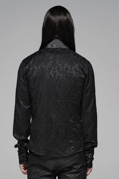 Black Stand Collar Long Sleeves Print Buckle Men's Punk Blouse