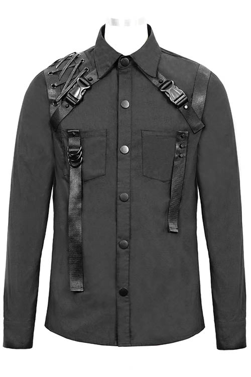 Black Straps Long Sleeves Mens Punk Blouse