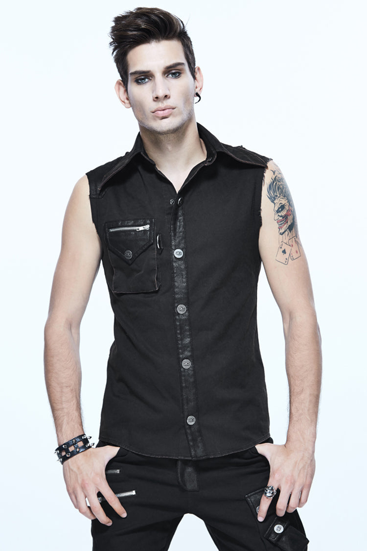 Black Sleeveless Twill One-Shoulder Armor Heat Seal Men's Punk Shirt