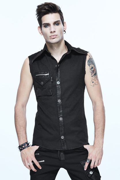 Black Sleeveless Twill One-Shoulder Armor Heat Seal Men's Punk Shirt
