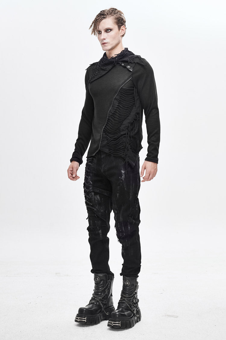 Black Ragged Turn-Down Collar Woolen Long Sleeve Irregular Hem Men's Punk T-Shirt