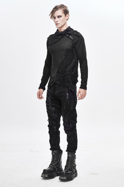 Black Ragged Turn-Down Collar Woolen Long Sleeve Irregular Hem Men's Punk T-Shirt