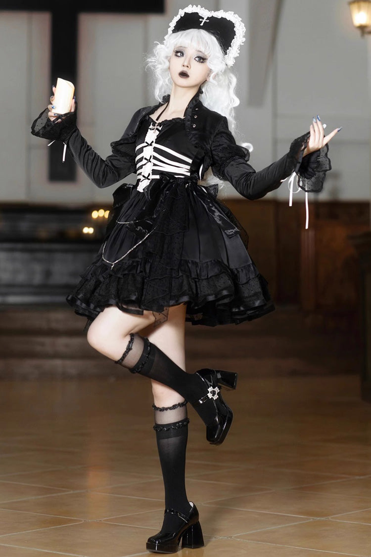 Black Prisoner Illusion Long Sleeves Multi-layer Ruffle Bowknot Gothic Princess Lolita Jsk Dress