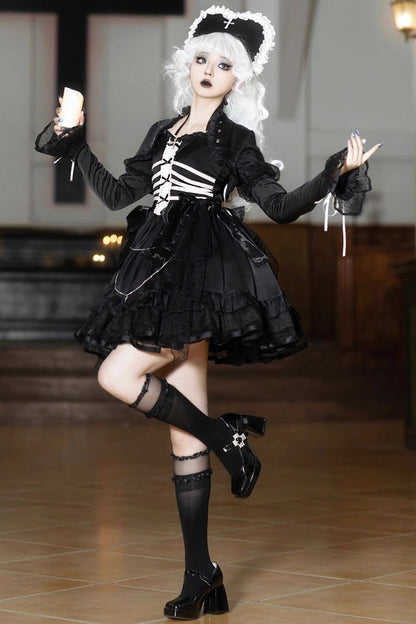 Black Prisoner Illusion Long Sleeves Multi-layer Ruffle Bowknot Gothic Princess Lolita Jsk Dress