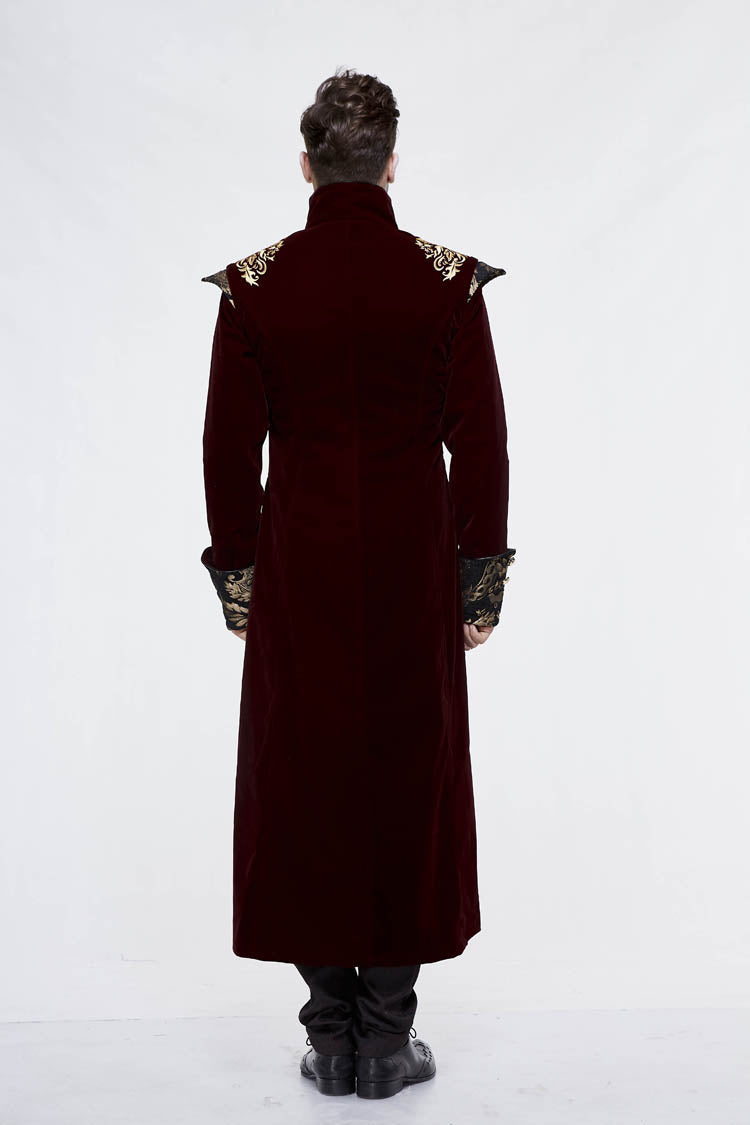 Black/Red Jacquard Gold Faded Buttons Fleece Long Men's Gothic Coat