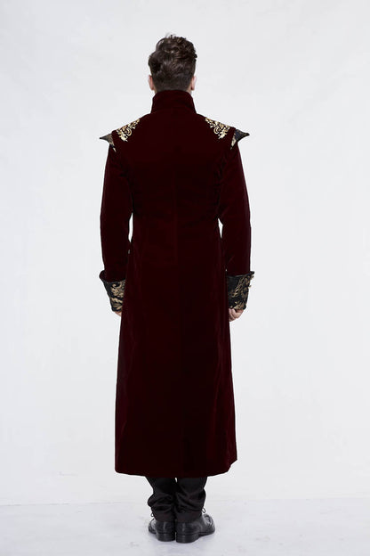Black/Red Jacquard Gold Faded Buttons Fleece Long Men's Gothic Coat