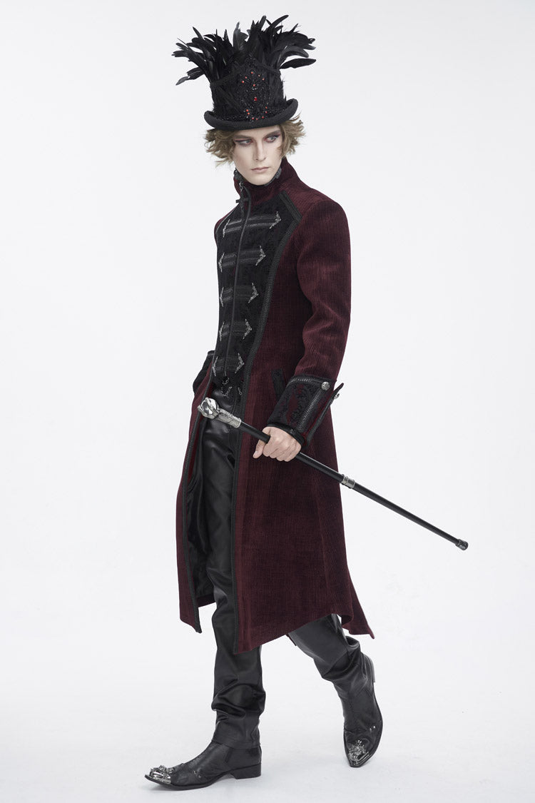 Red Stand Collar Long Sleeves Embroidery Slim Men's Gothic Coat