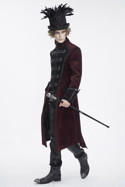 Red Stand Collar Long Sleeves Embroidery Slim Men's Gothic Coat