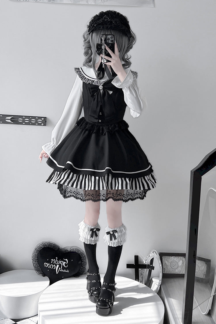 Black [Twilight Song] Stripe Print Bowknot Lace Jirai Kei Jumper Dress