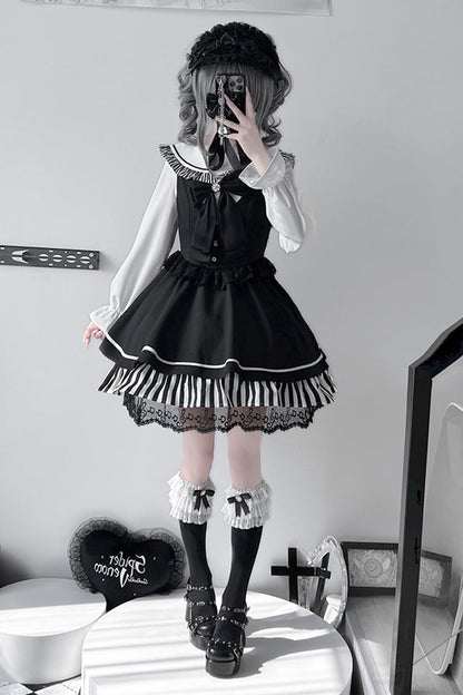 Black [Twilight Song] Stripe Print Bowknot Lace Jirai Kei Jumper Dress