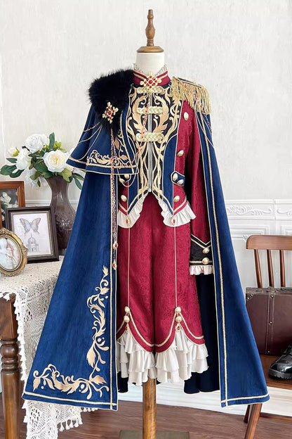 Red/Blue [Royal Glory] Stand Collar Long Sleeves Ruffled Embroidered Gothic Vintage Prince Palace Ouji Lolita Set