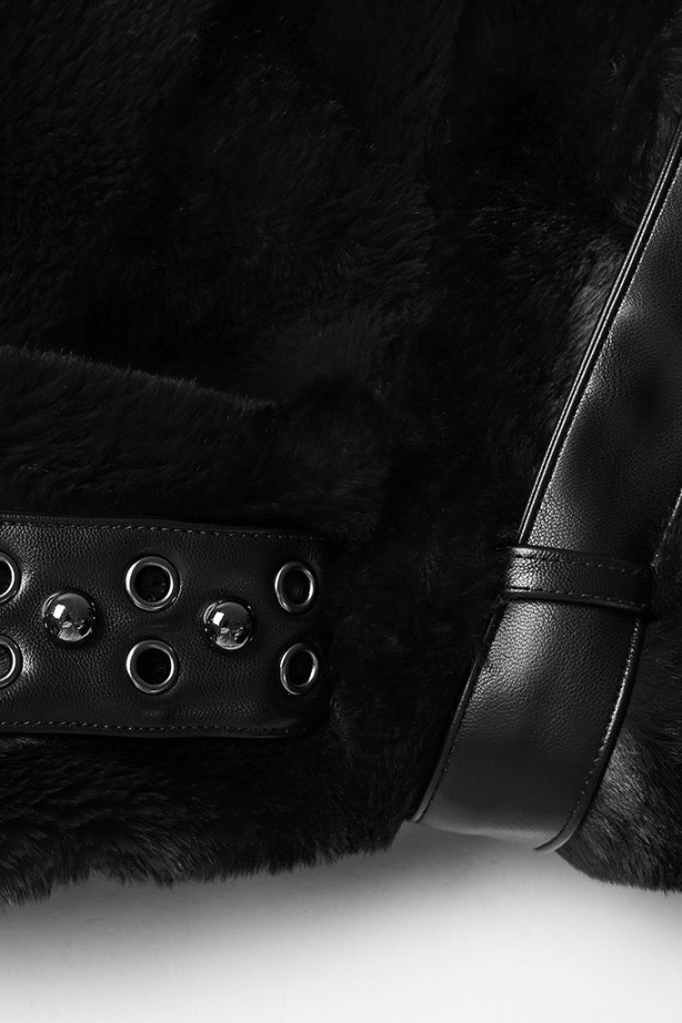 Black Stand Collar Long Sleeves Buckle Straps Faux Fur Women's Punk Short Cloak