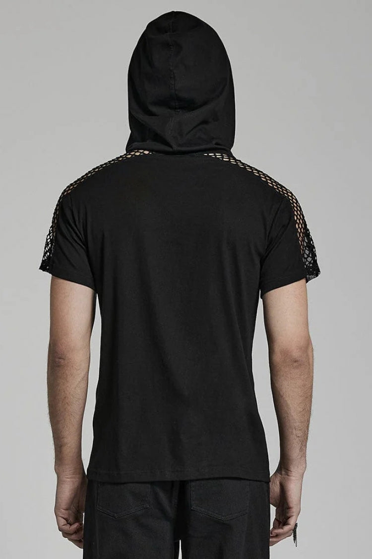 Black Short Sleeves Hollow Stitching Hooded Mesh Mens Steampunk T-Shirt