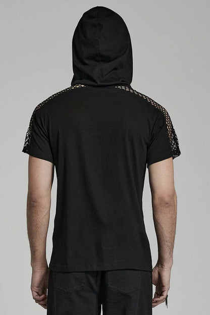 Black Short Sleeves Hollow Stitching Hooded Mesh Mens Steampunk T-Shirt