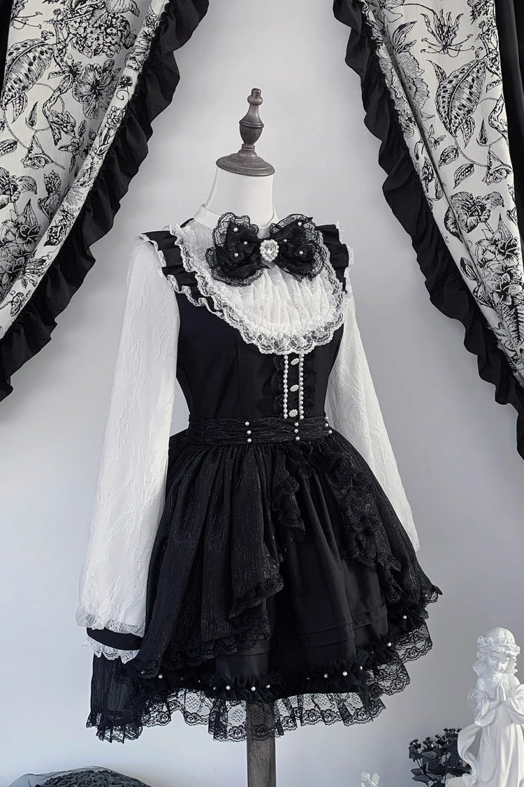 Black/White [Thorn Doll] Long Sleeves Ruffled Bow Pearl-Decorated Gothic Jirai Kei Dress