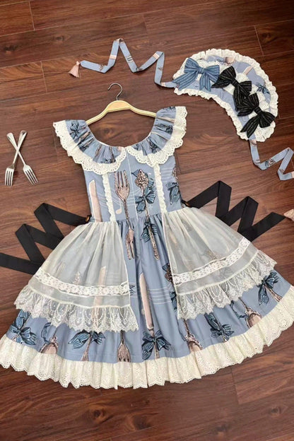 Blue [The Witch’s Banquet] Sleeveless Printed Ruffled Embroidered Bow Lace Sweet Lolita Jsk Dress
