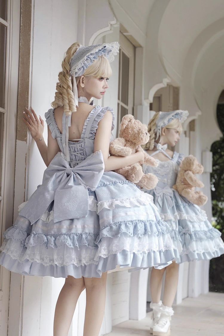 Blue [Super Cute Belia] Sleeveless Triple-Layered Ruffle Bowknot Lace Sweet Elegant Lolita Jsk Dress