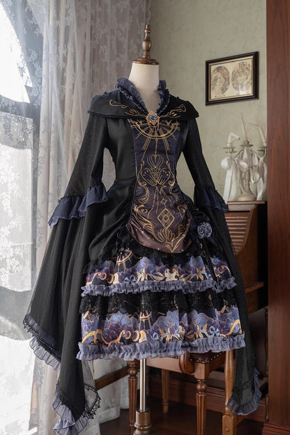 Black [Astrology Cat] Long Sleeves Double-Layered Print Ruffle Lace Gothic Lolita Dress