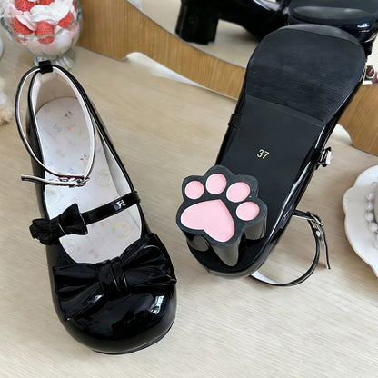 Round Toe Bow Mid Heel Lolita Mary Jane Shoes with Cat Paw Heels 7 Colors