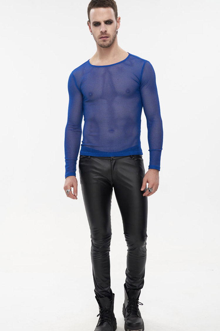 Blue Gothic Elasticity High Neck Long Sleeve Mesh Men's Shirt