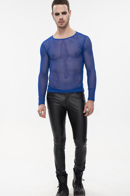 Blue Gothic Elasticity High Neck Long Sleeve Mesh Men's Shirt