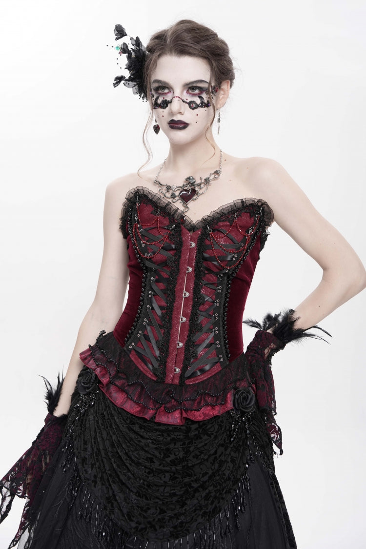 Red Sleeveless Beaded Lace Lace-Up Women's Gothic Overbust Corset