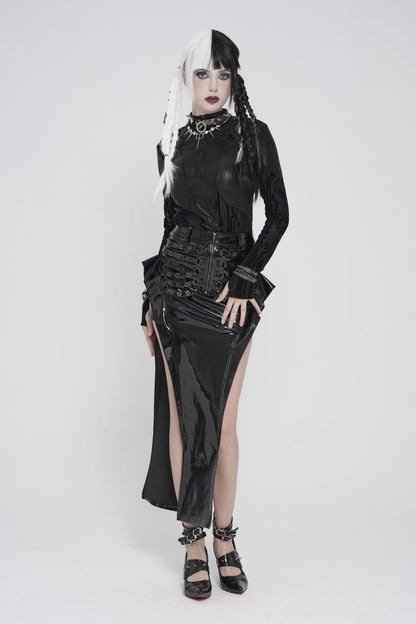 Black Stand Collar Long Sleeves  Circuit Board  Printed Slim Women's Punk Blouse