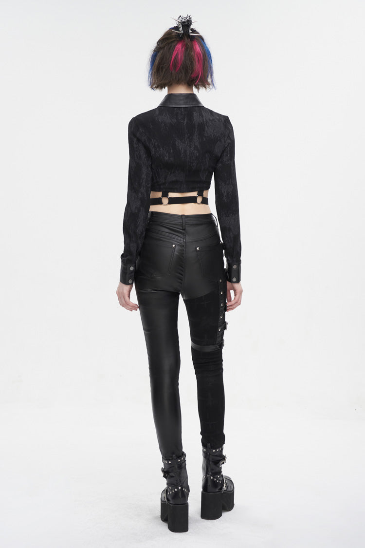 Black Turn Down Collar Cutout Long Sleeves Studded Women's Punk Shirt