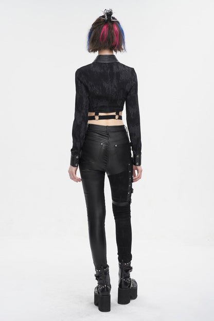 Black Turn Down Collar Cutout Long Sleeves Studded Women's Punk Shirt